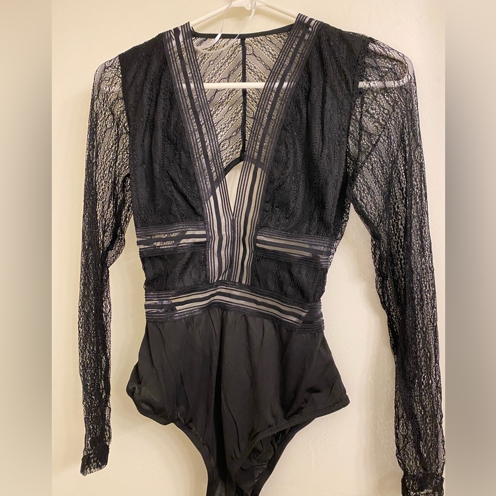 Lulus Casita Black Sheer Lace Long Sleeve Bodysuit